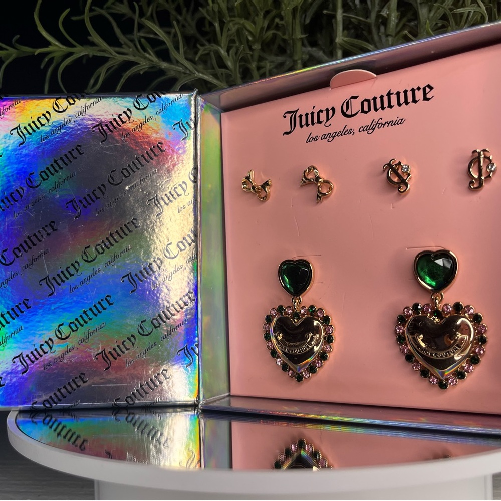 Juicy Couture Crystal Heart & Bow Earring Set NWT | 3 Pair Pink Gold